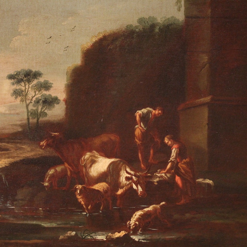 Peinture de l'école romaine du 17ème siècle, paysage avec scène pastorale