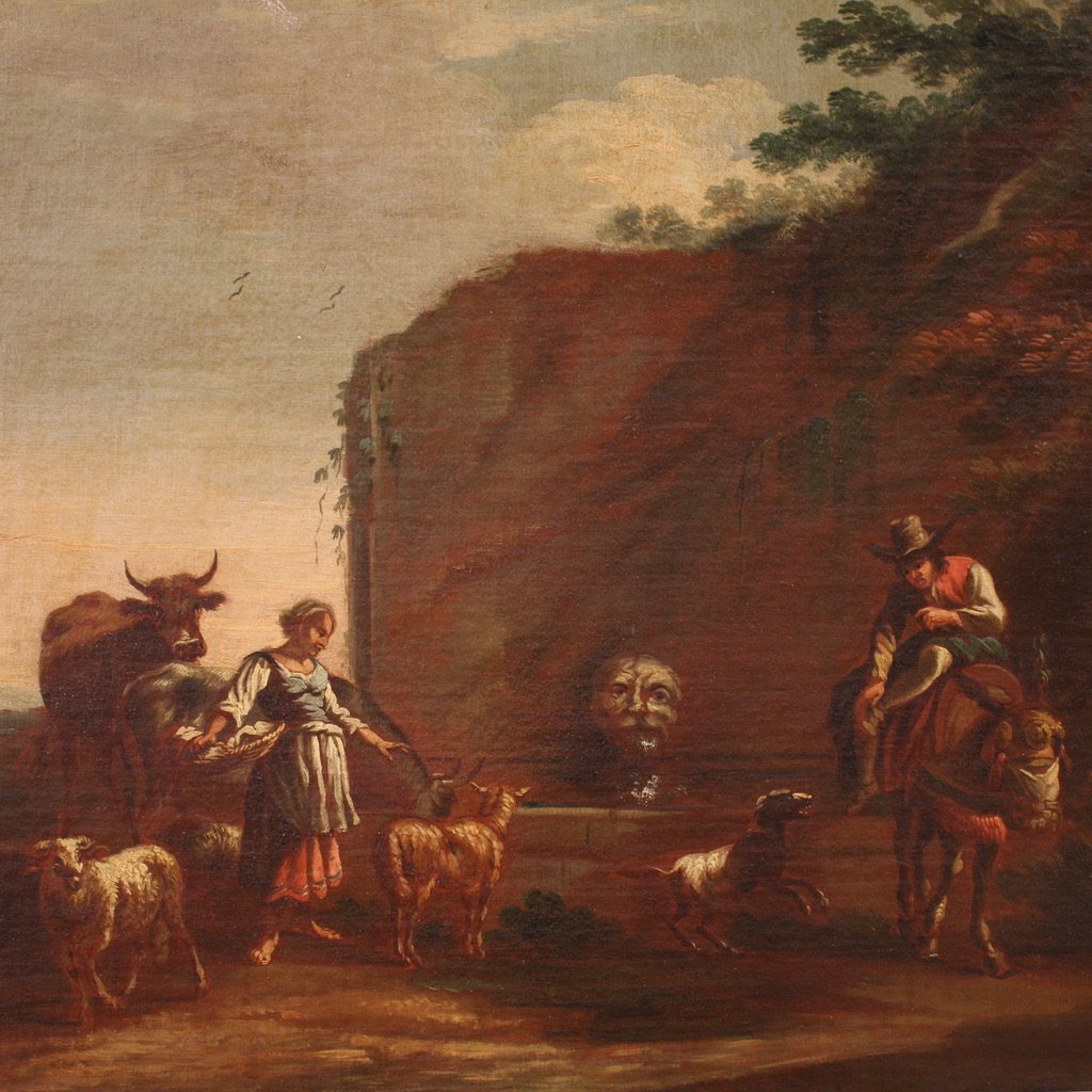 Peinture de paysage bucolique avec personnages du 17ème siècle, scène pastorale-photo-2