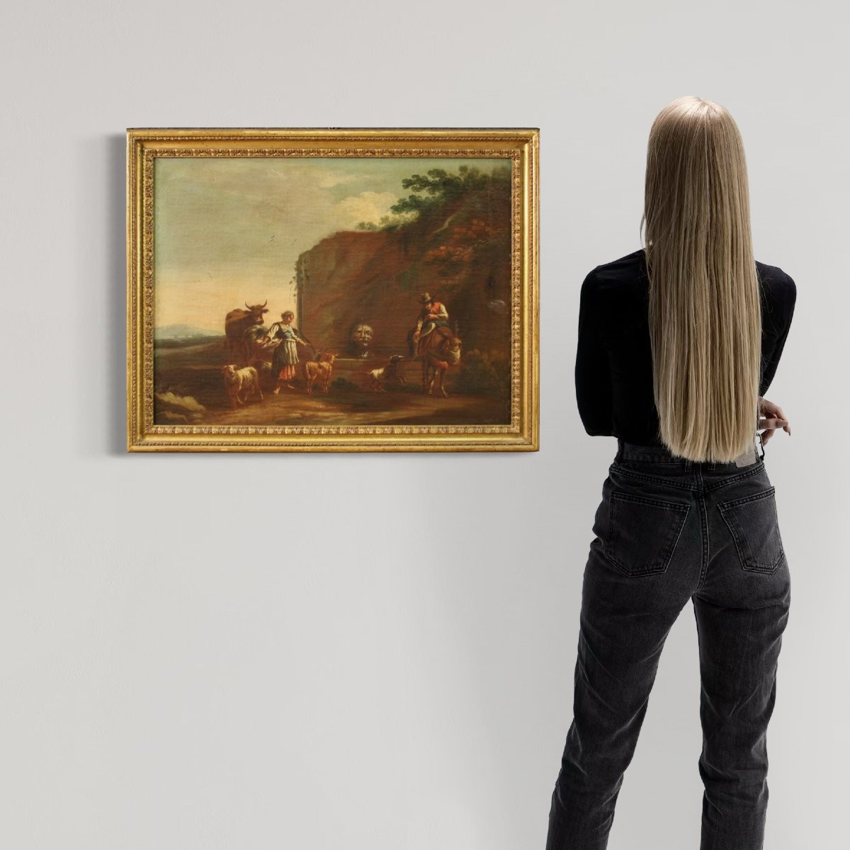 Peinture de paysage bucolique avec personnages du 17ème siècle, scène pastorale-photo-3