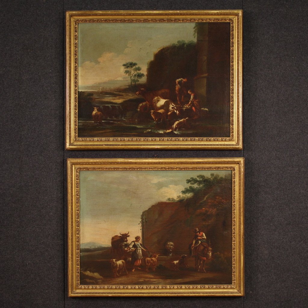 Peinture de paysage bucolique avec personnages du 17ème siècle, scène pastorale-photo-4