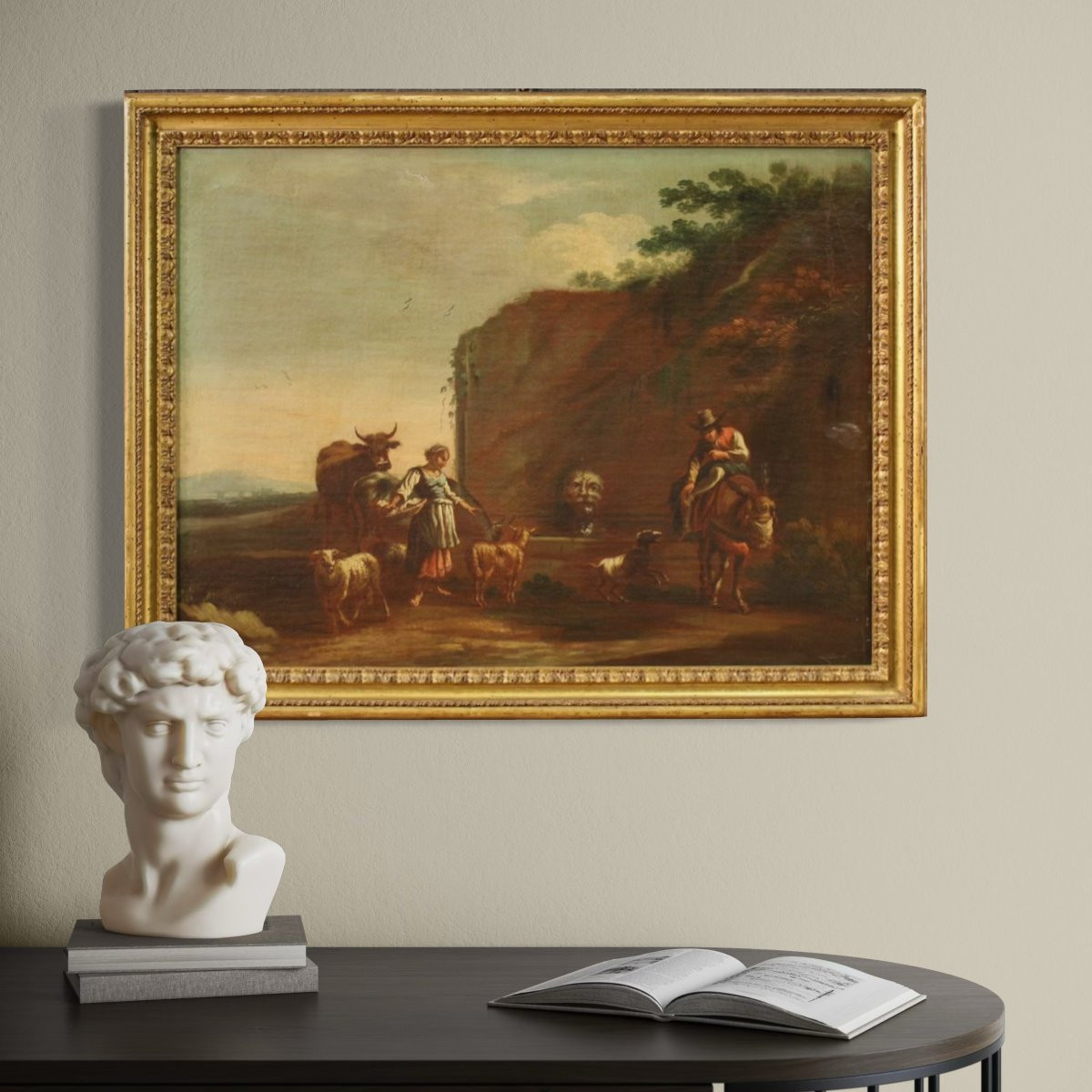 Peinture de paysage bucolique avec personnages du 17ème siècle, scène pastorale-photo-1