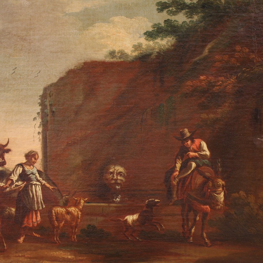 Peinture de paysage bucolique avec personnages du 17ème siècle, scène pastorale-photo-3