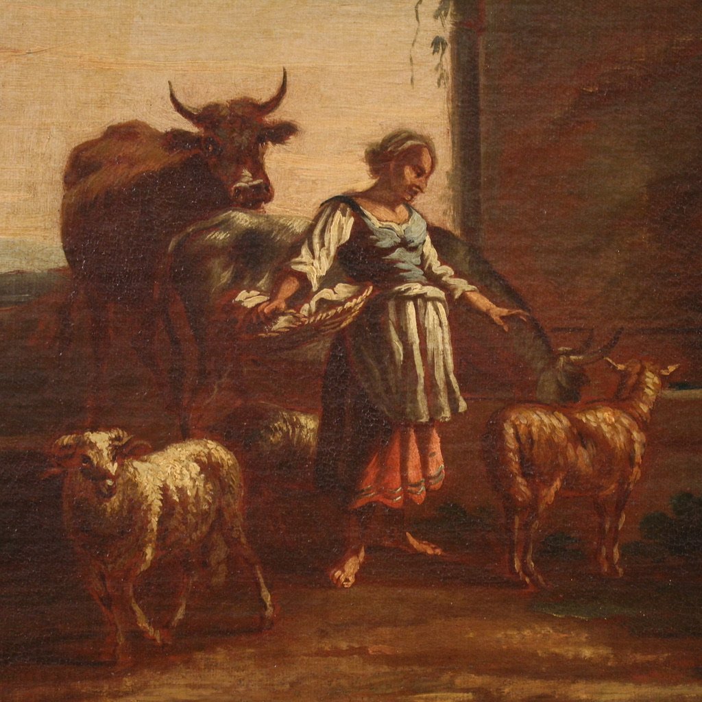 Peinture de paysage bucolique avec personnages du 17ème siècle, scène pastorale-photo-7