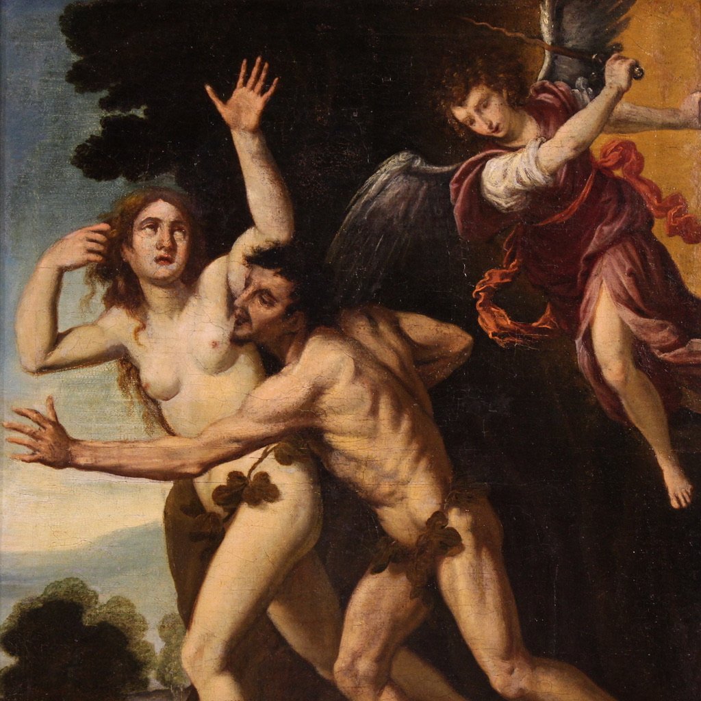 Antique 17th Century Painting, The Expulsion Of Adam And Eve From The Garden Of Eden-photo-3