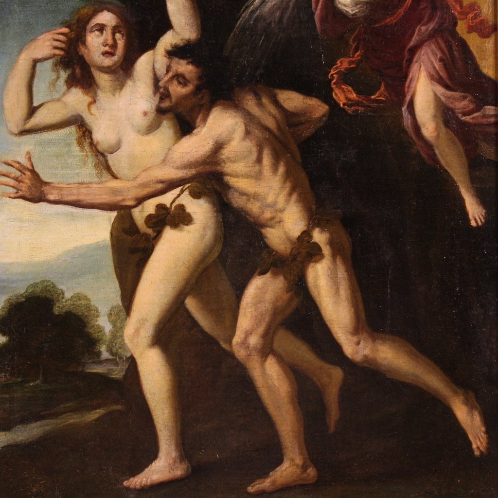 Antique 17th Century Painting, The Expulsion Of Adam And Eve From The Garden Of Eden-photo-1
