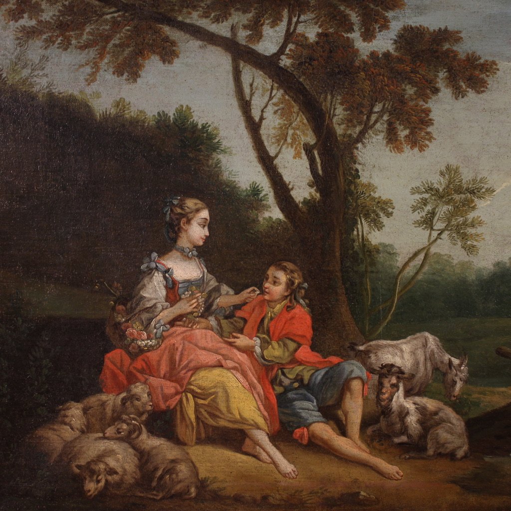 French School Painting Of The 18th Century, Rococo Gallant Scene-photo-3