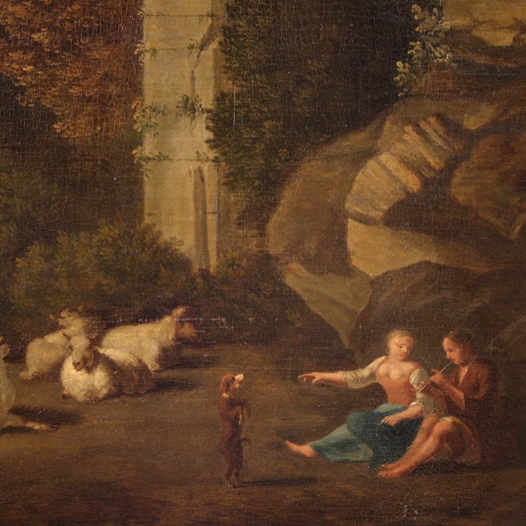 Great 17th Century Italian Painting, Bucolic Landscape With Ruins-photo-1