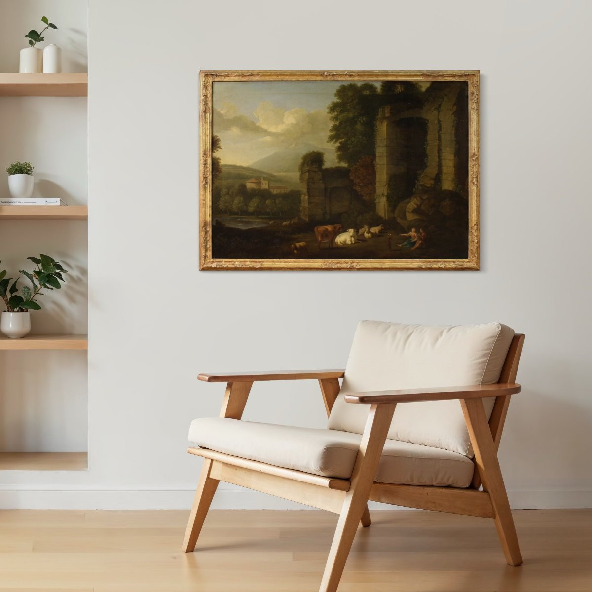 Great 17th Century Italian Painting, Bucolic Landscape With Ruins-photo-2