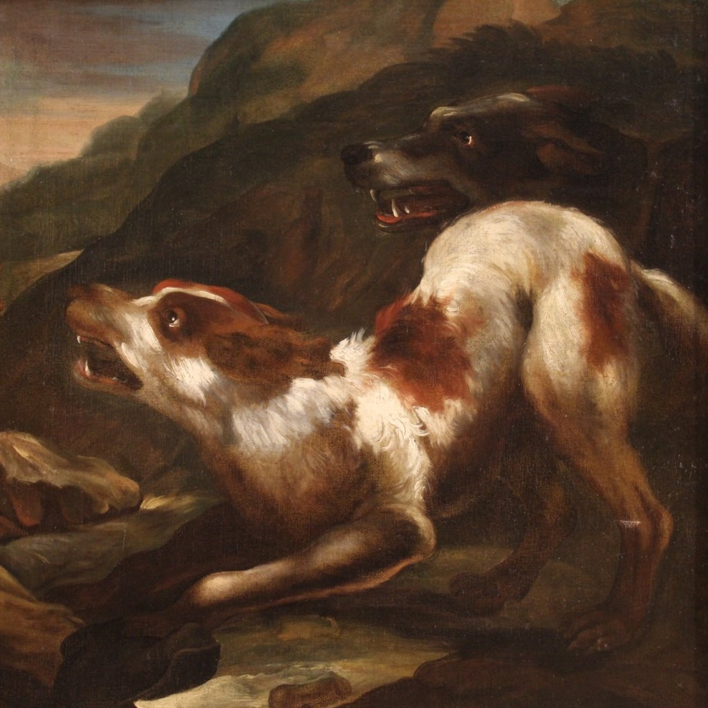 Tableau ancien lombard du 17ème siècle, le berger avec ses chiens-photo-1
