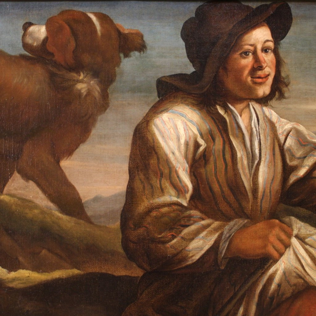 Tableau ancien lombard du 17ème siècle, le berger avec ses chiens-photo-2