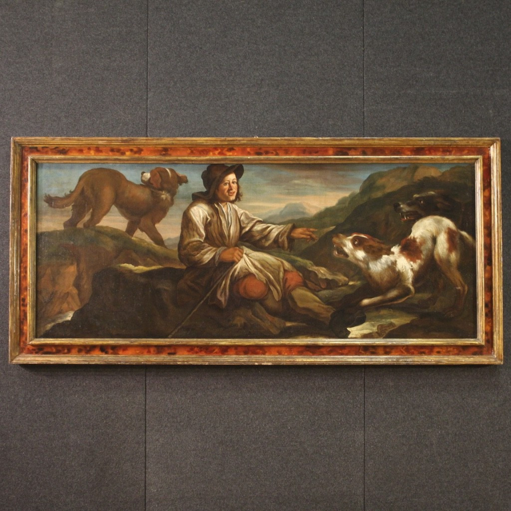Tableau ancien lombard du 17ème siècle, le berger avec ses chiens