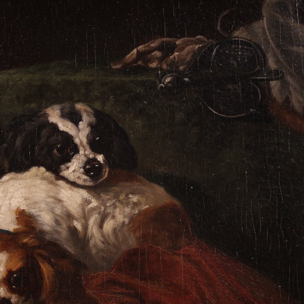 Grand tableau français du 19ème siècle, scène d'intérieur avec chiens de compagnie-photo-7