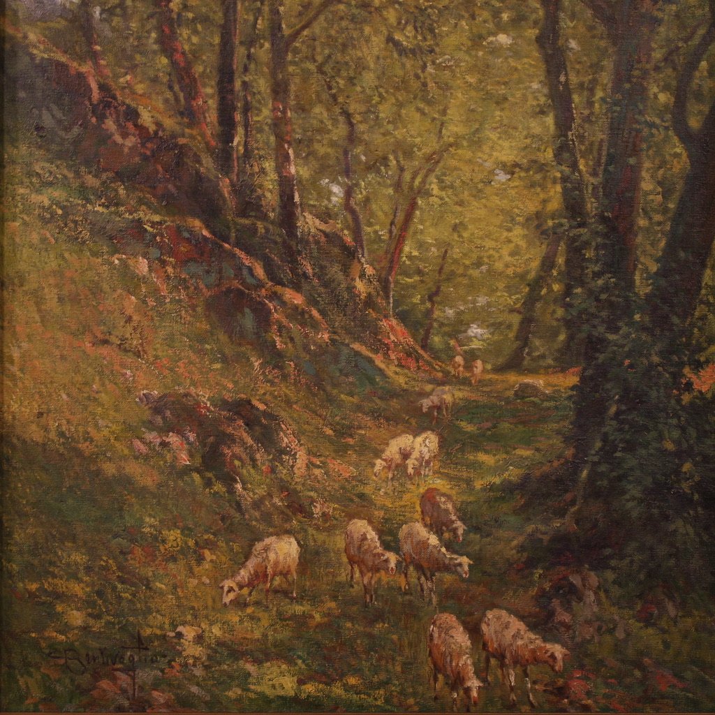 Italian Landscape Painting With Sheep Signed C. Bentivoglio-photo-3