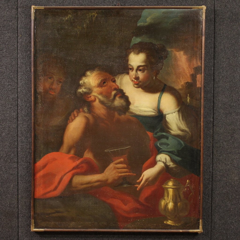 Grand tableau italien du 17ème siècle, Loth et ses filles-photo-2