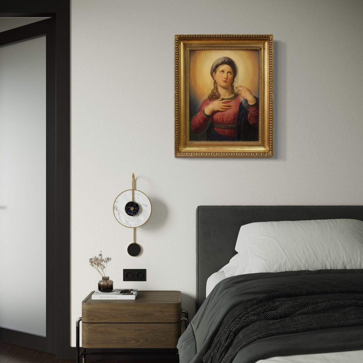 Peinture sur panneau du 19ème siècle, Vierge Marie en contemplation-photo-7