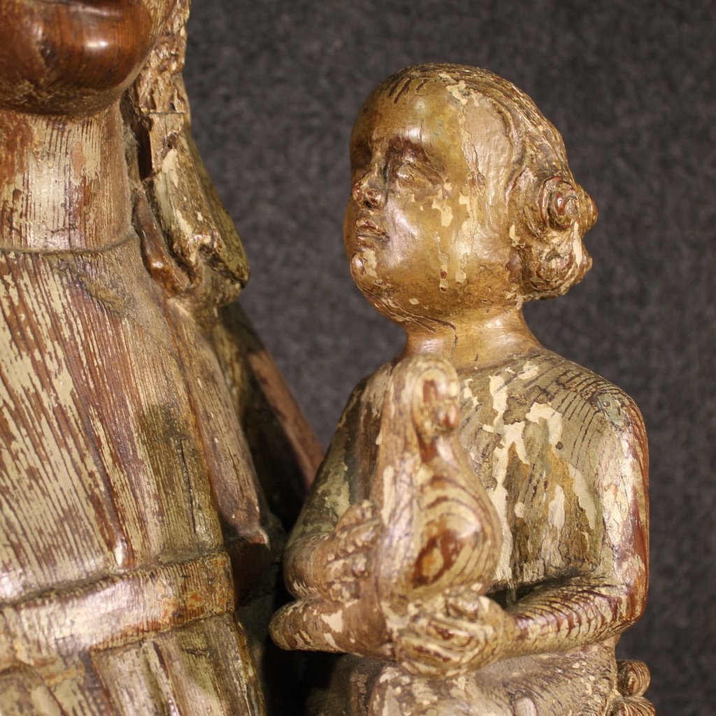 Sculpture antique en bois du 15ème siècle, Vierge à l'Enfant-photo-7