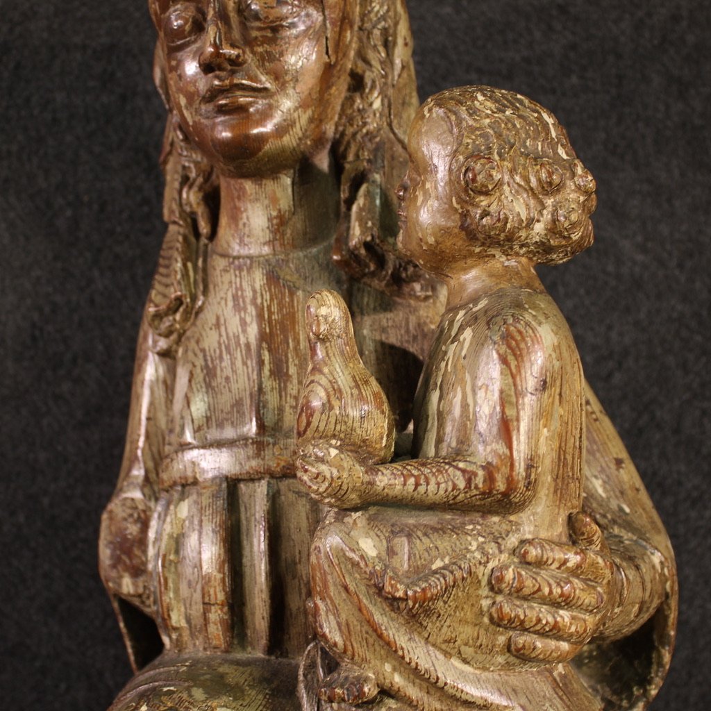 Sculpture antique en bois du 15ème siècle, Vierge à l'Enfant-photo-8