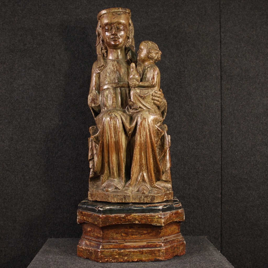 Sculpture antique en bois du 15ème siècle, Vierge à l'Enfant