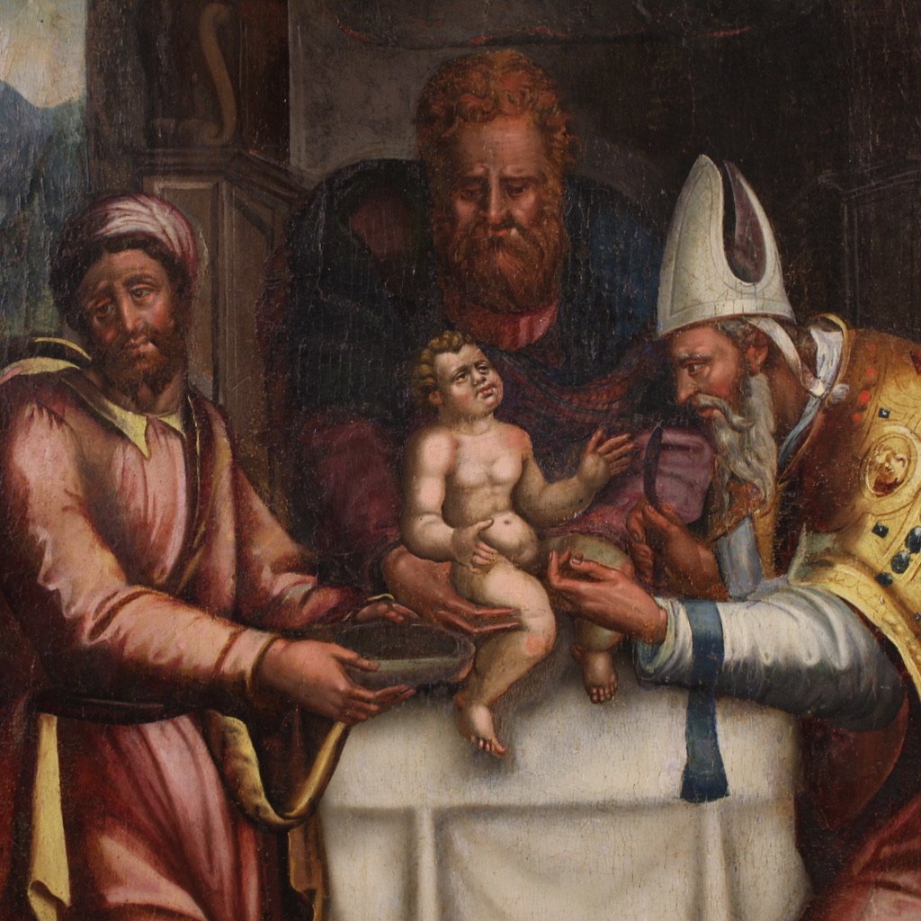 Grande peinture italienne sur panneau du 16ème siècle, La Circoncision de Jésus-photo-1