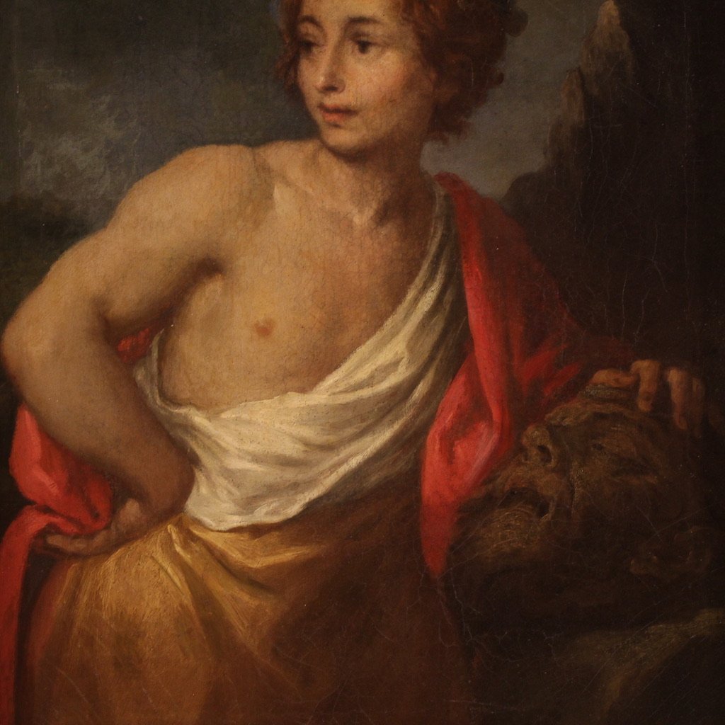 Peinture italienne du 17ème siècle, David avec la tête de Goliath-photo-4
