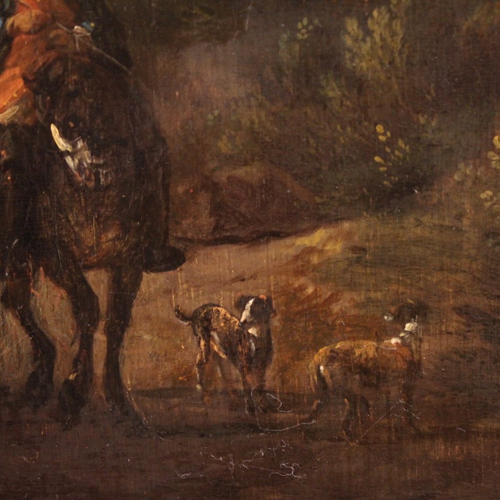 Peinture ancienne sur panneau du 18ème siècle, paysage arcadien avec chevalier-photo-1
