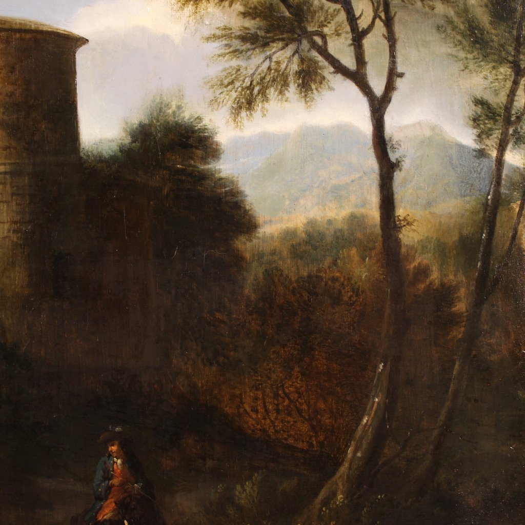 Peinture ancienne sur panneau du 18ème siècle, paysage arcadien avec chevalier-photo-7