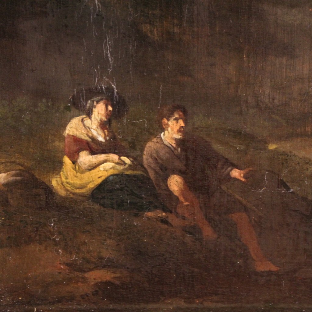 Peinture ancienne sur panneau du 18ème siècle, paysage arcadien avec chevalier-photo-8