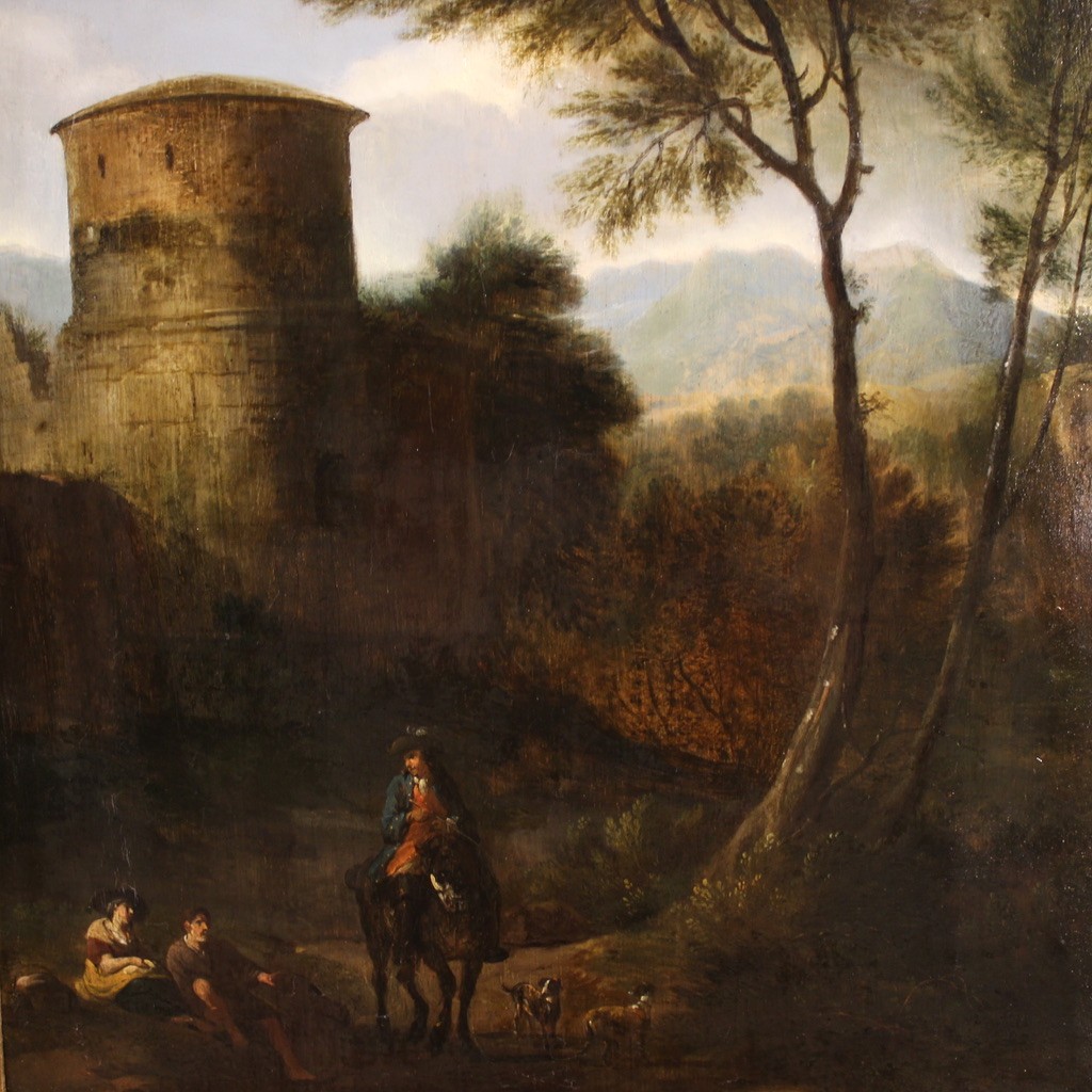 Peinture ancienne sur panneau du 18ème siècle, paysage arcadien avec chevalier
