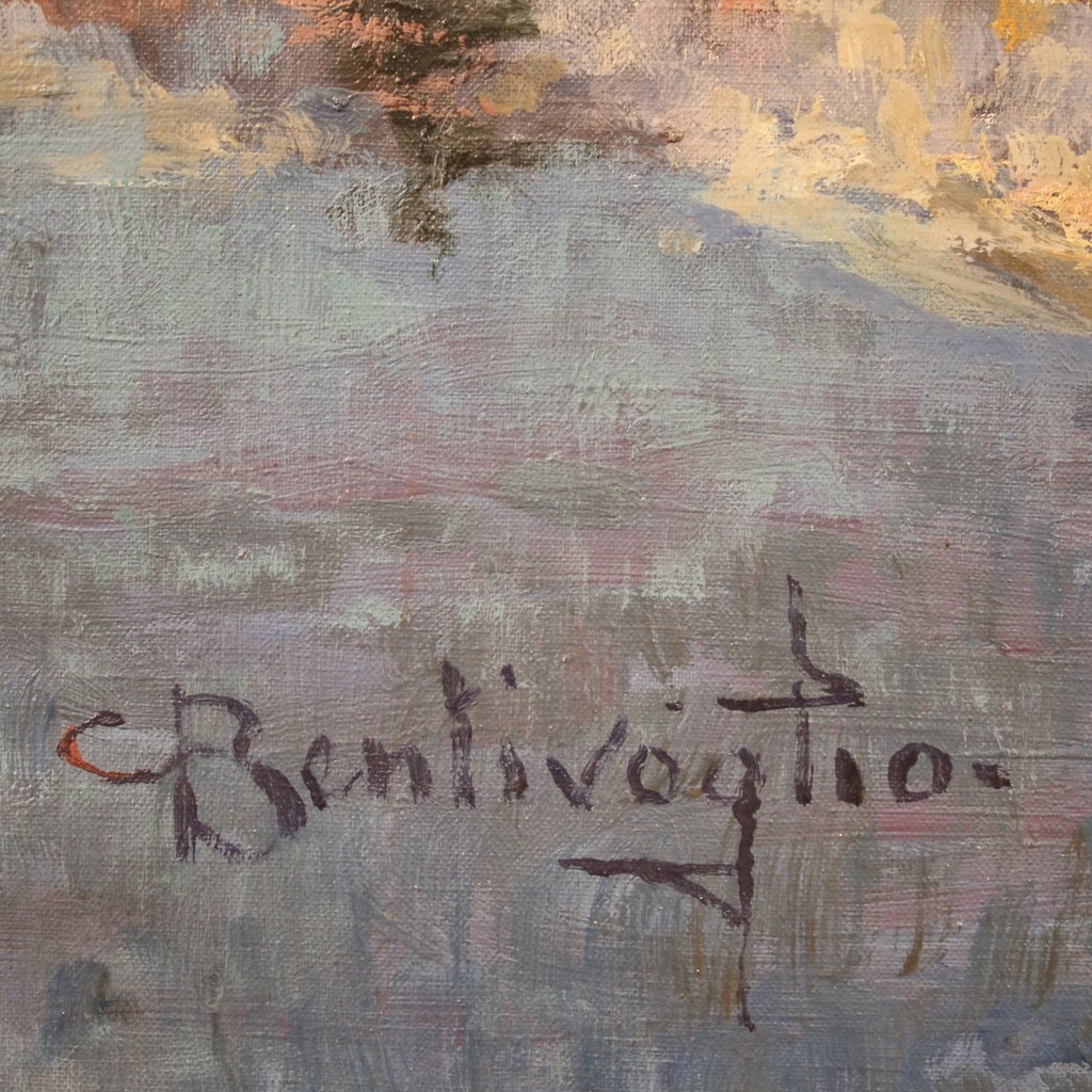 Peinture italienne de paysage signée C. Bentivoglio du 20ème siècle-photo-3