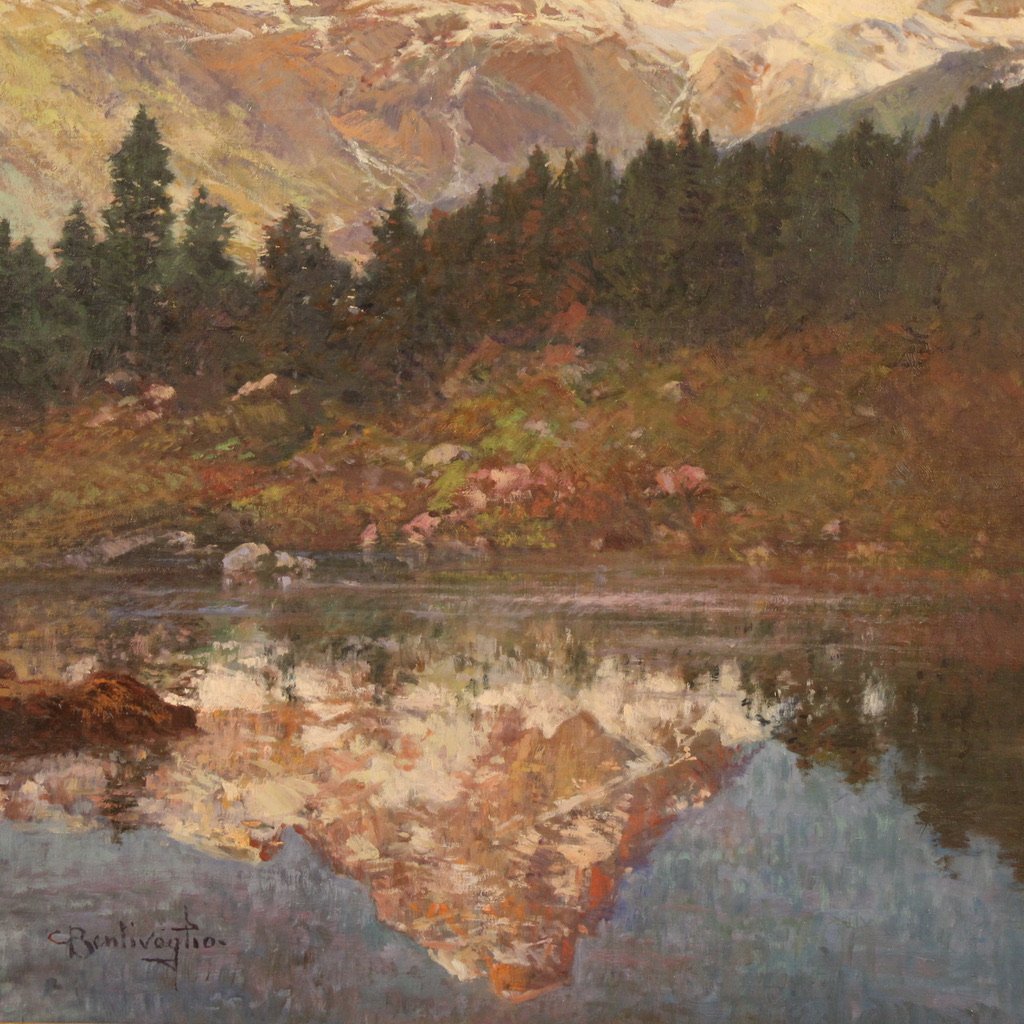 Peinture italienne de paysage signée C. Bentivoglio du 20ème siècle-photo-1
