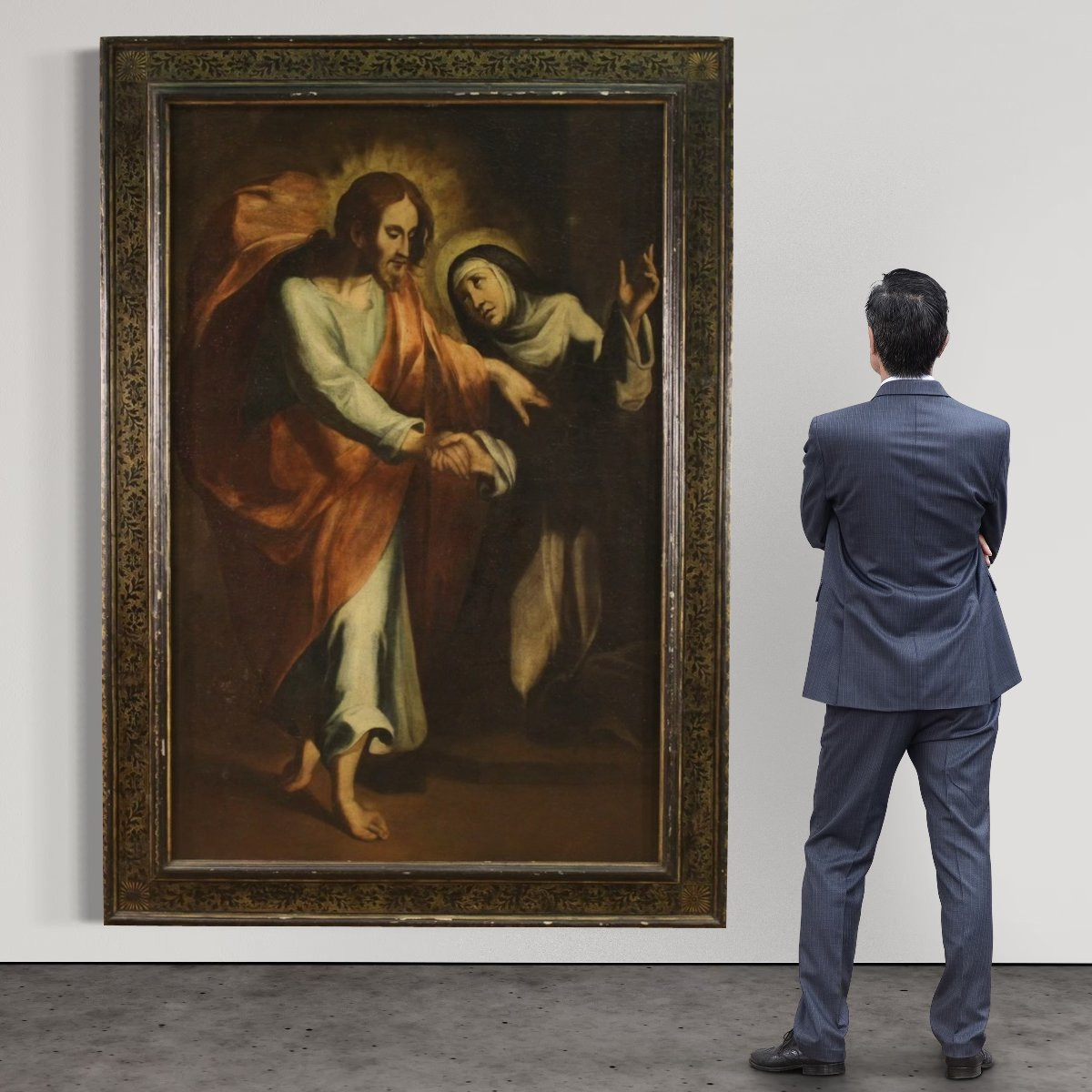 Grand tableau religieux du 17ème siècle, Le Christ apparaissant à sainte Catherine de Sienne-photo-3