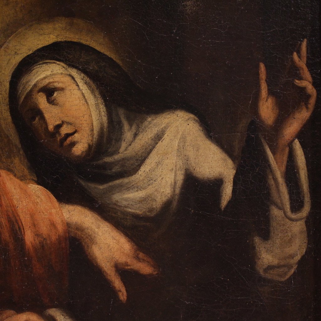 Grand tableau religieux du 17ème siècle, Le Christ apparaissant à sainte Catherine de Sienne-photo-2