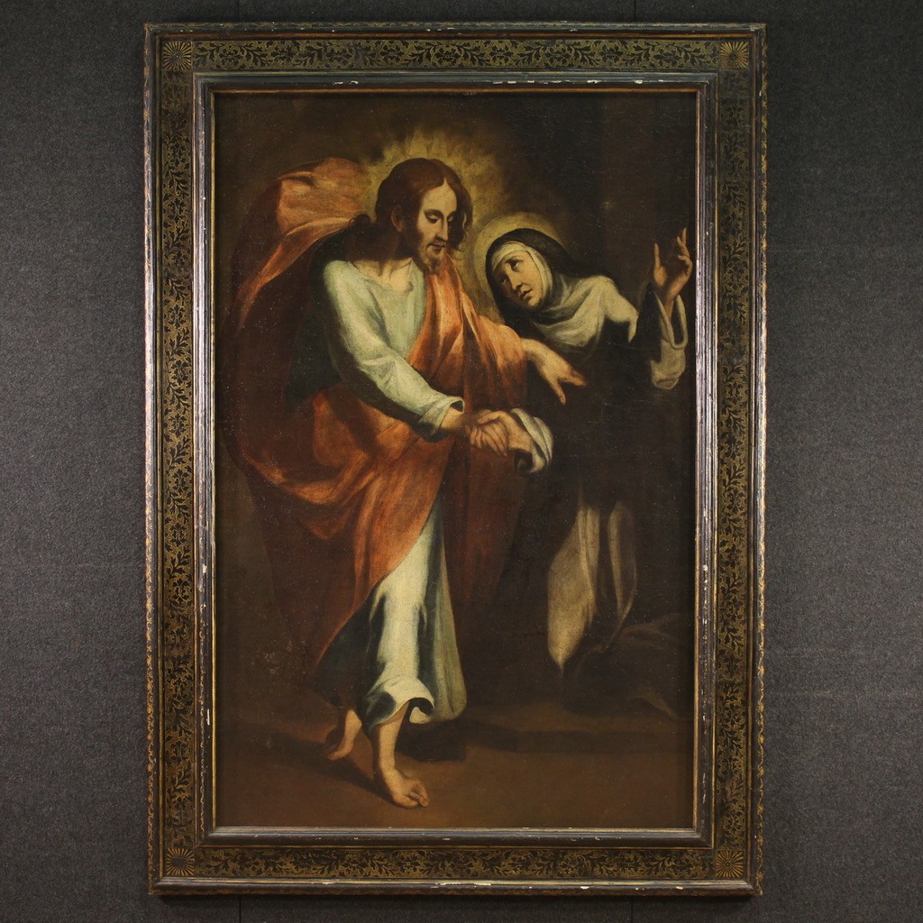 Grand tableau religieux du 17ème siècle, Le Christ apparaissant à sainte Catherine de Sienne