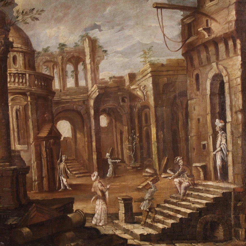 Peinture italienne antique du 18ème siècle, caprice architectural avec personnages-photo-3
