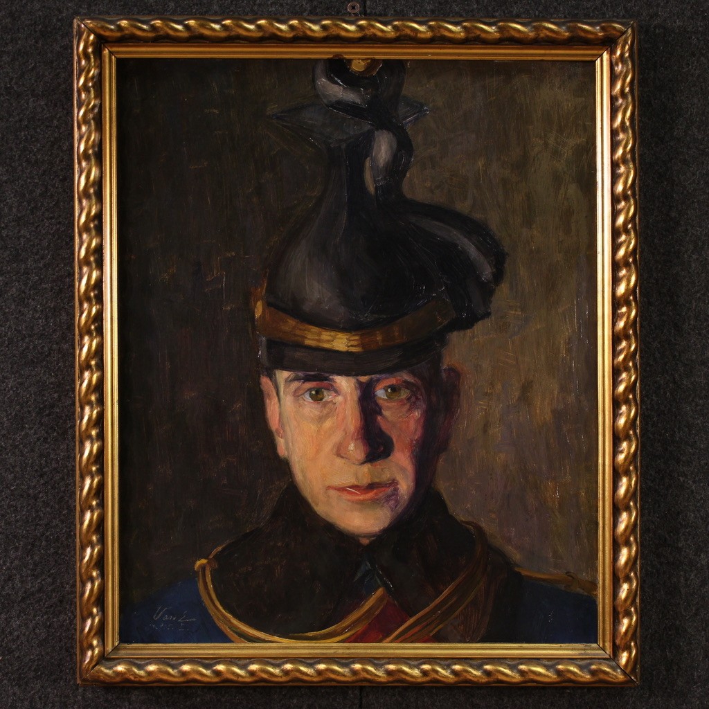 Peinture Portrait d'un soldat signé Vass E. et daté 1915