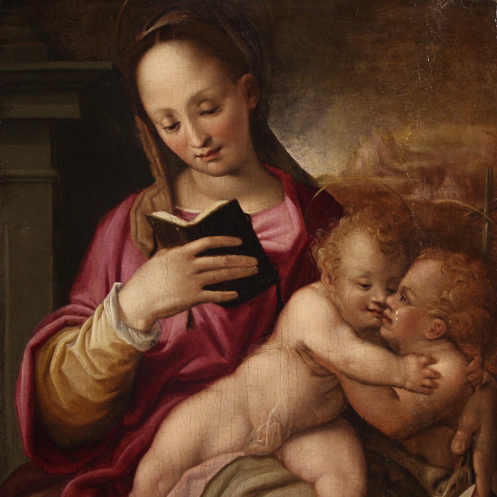 Peinture sur panneau du 16ème siècle, Vierge à l'Enfant avec Saint Jean-photo-2