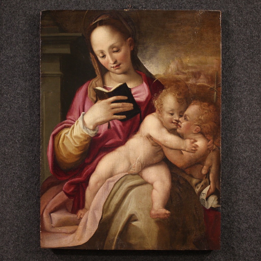 Peinture sur panneau du 16ème siècle, Vierge à l'Enfant avec Saint Jean