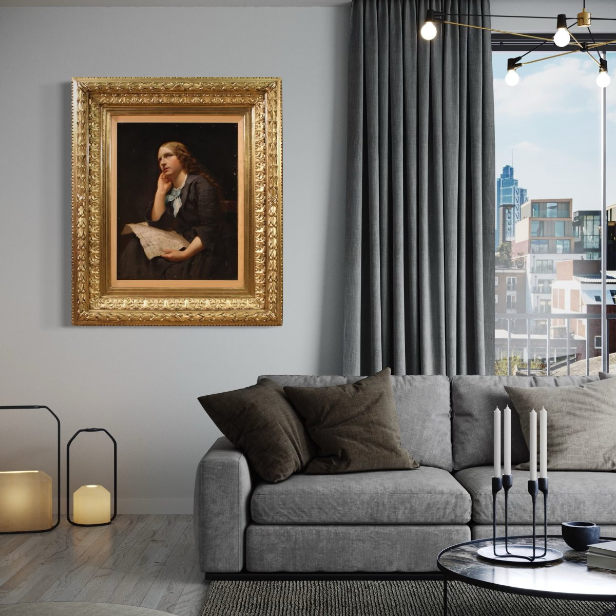 Grand tableau portrait de dame du 19ème siècle-photo-1