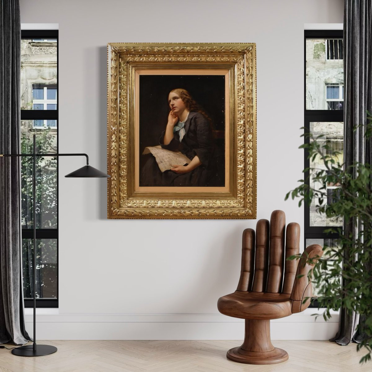 Grand tableau portrait de dame du 19ème siècle-photo-3