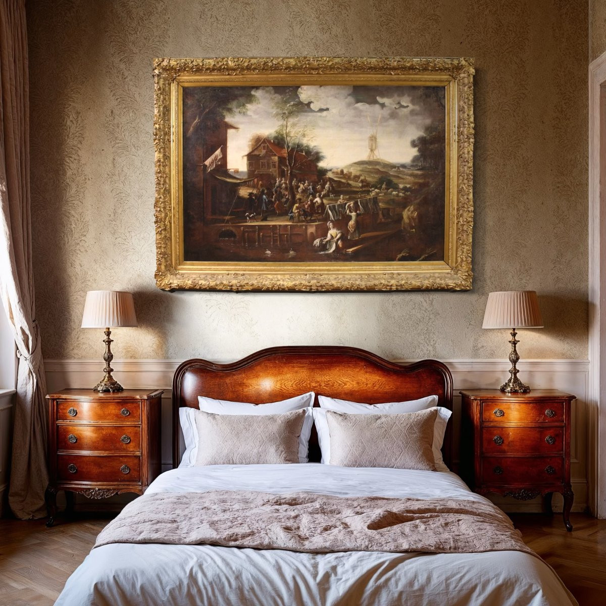 Grand tableau flamand de paysage du 17ème siècle, fête de village-photo-4