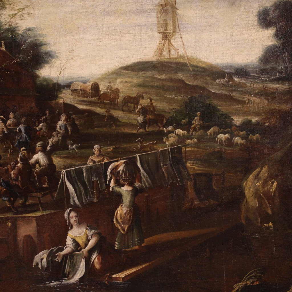 Grand tableau flamand de paysage du 17ème siècle, fête de village-photo-7