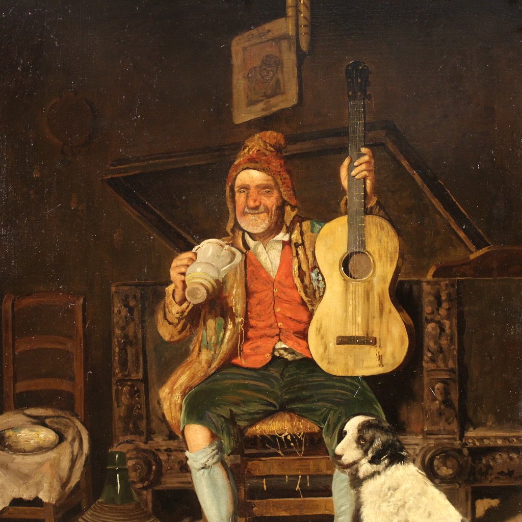 Antique Italian Genre Scene Painting From The 19th Century-photo-2