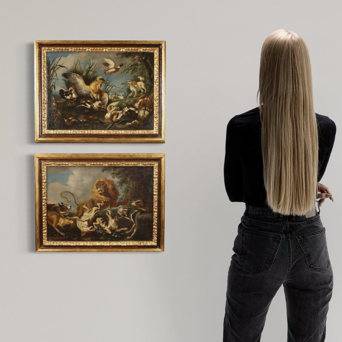 Paire de tableaux flamands du 18ème siècle, scènes de chasse-photo-2