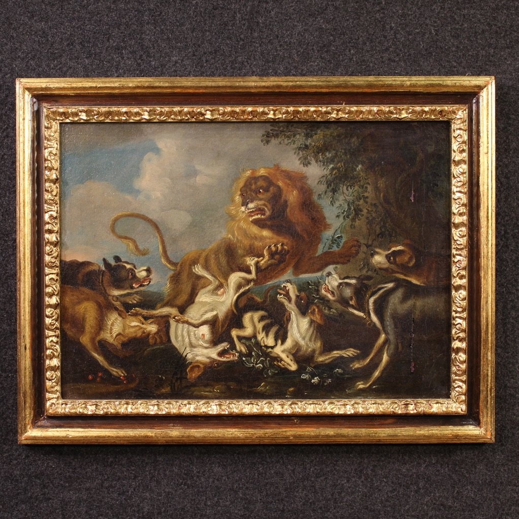 Paire de tableaux flamands du 18ème siècle, scènes de chasse-photo-3
