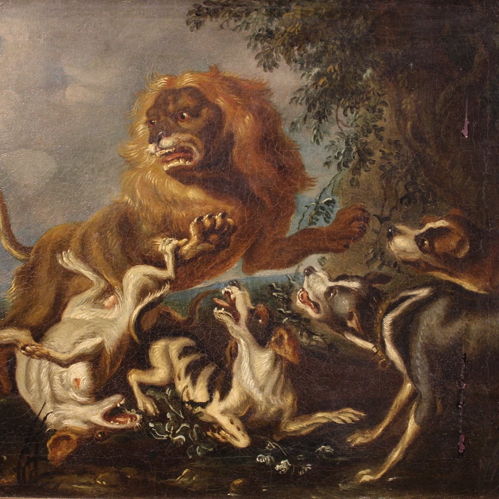 Paire de tableaux flamands du 18ème siècle, scènes de chasse-photo-4