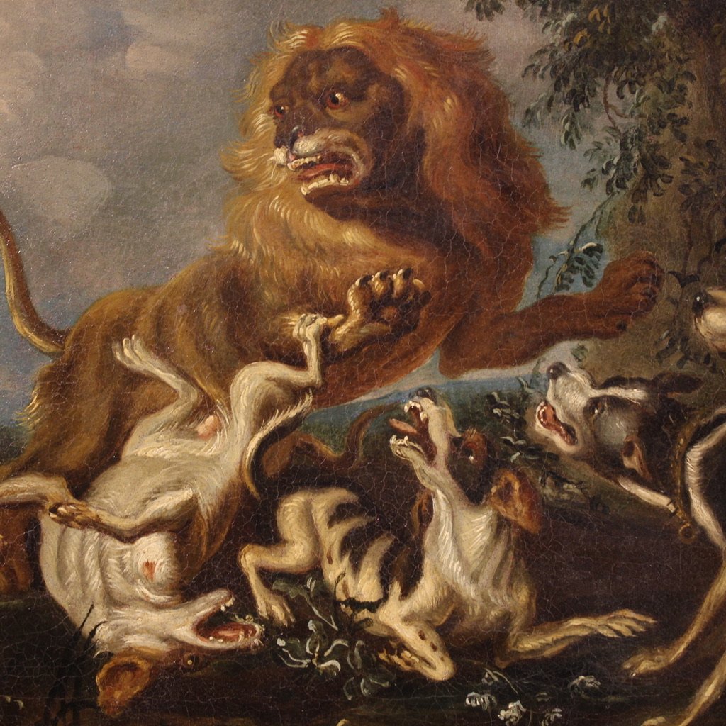 Paire de tableaux flamands du 18ème siècle, scènes de chasse-photo-2