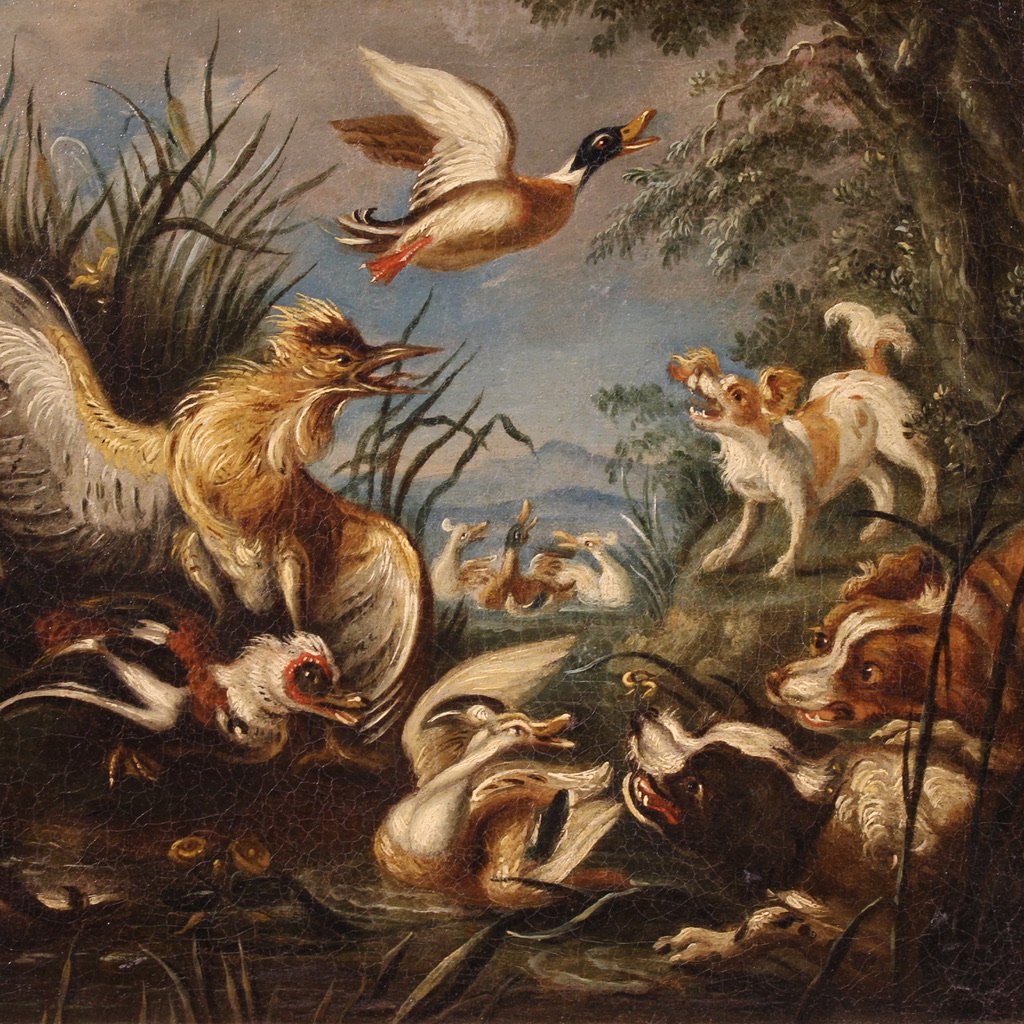 Paire de tableaux flamands du 18ème siècle, scènes de chasse-photo-6