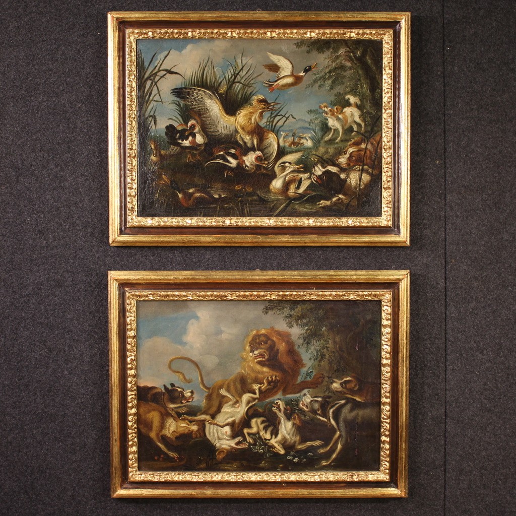 Paire de tableaux flamands du 18ème siècle, scènes de chasse