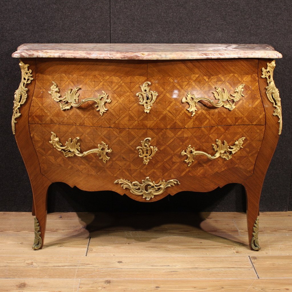 Commode française marquetée avec dessus en marbre du 20ème siècle-photo-2