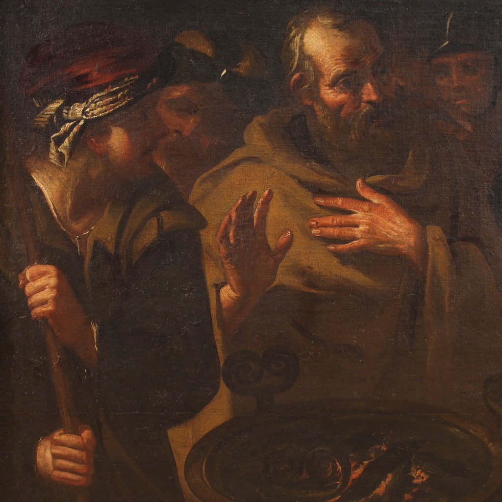 Grand tableau italien du 17ème siècle, Le Reniement de saint Pierre-photo-4